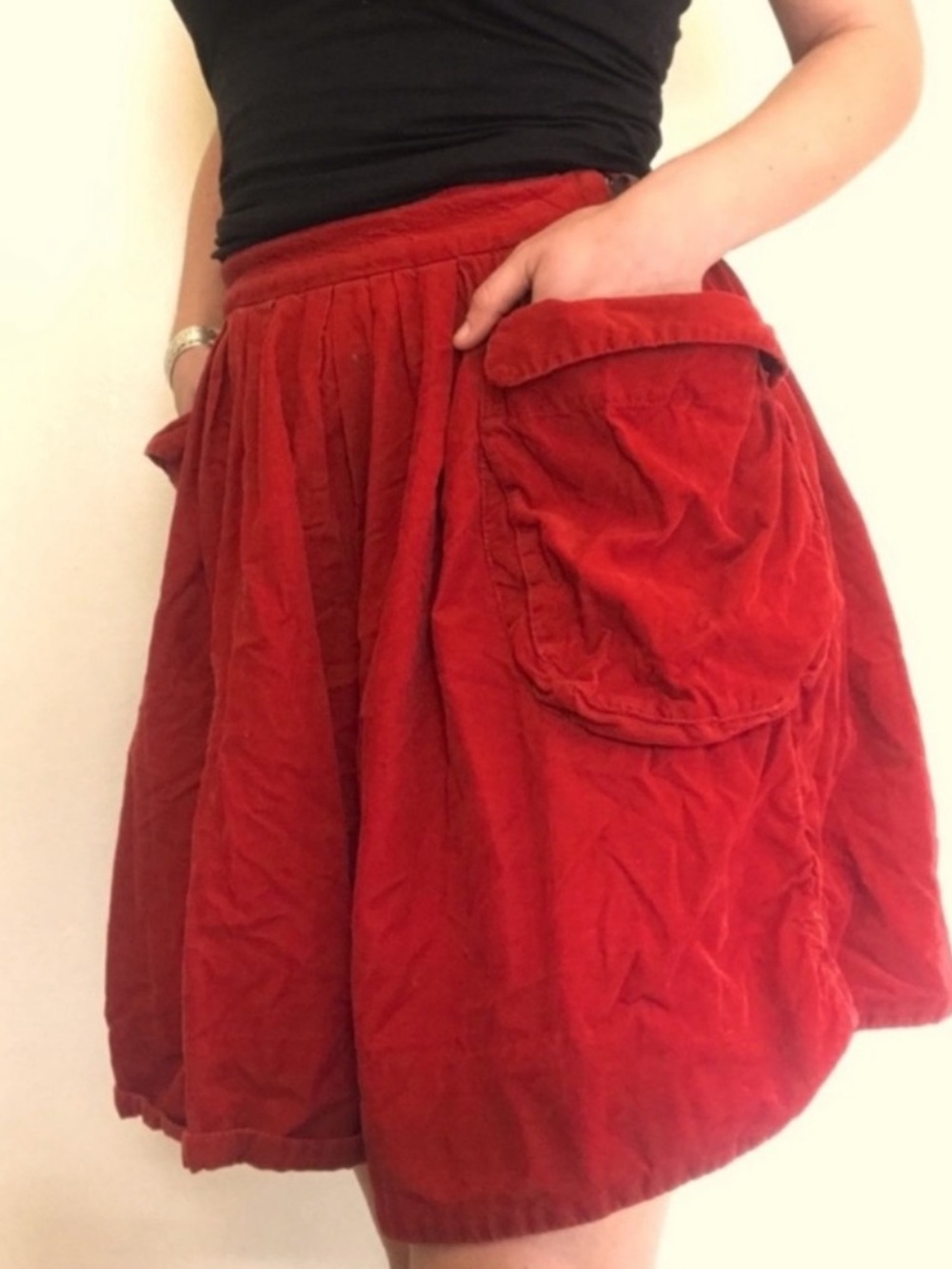 Anthropologie Red Velveteen Pocket Skirt